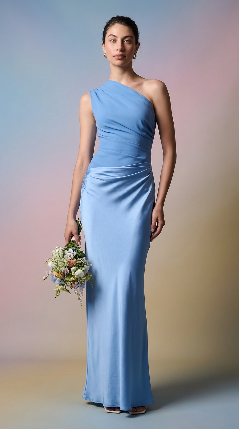 ATENA - Vestido de ceremonia satén largo celeste