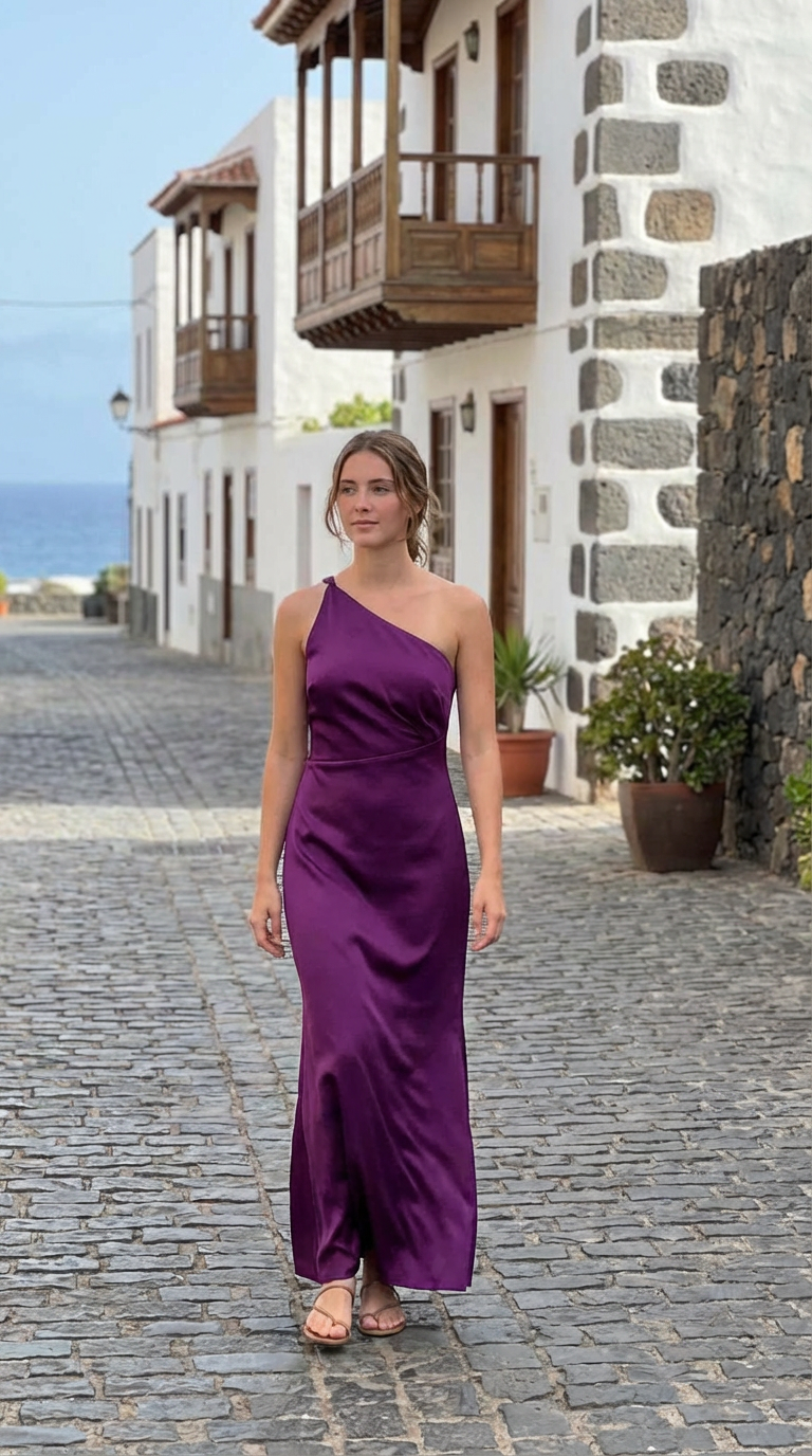 MAYA - Vestido de ceremonia largo morado en satén