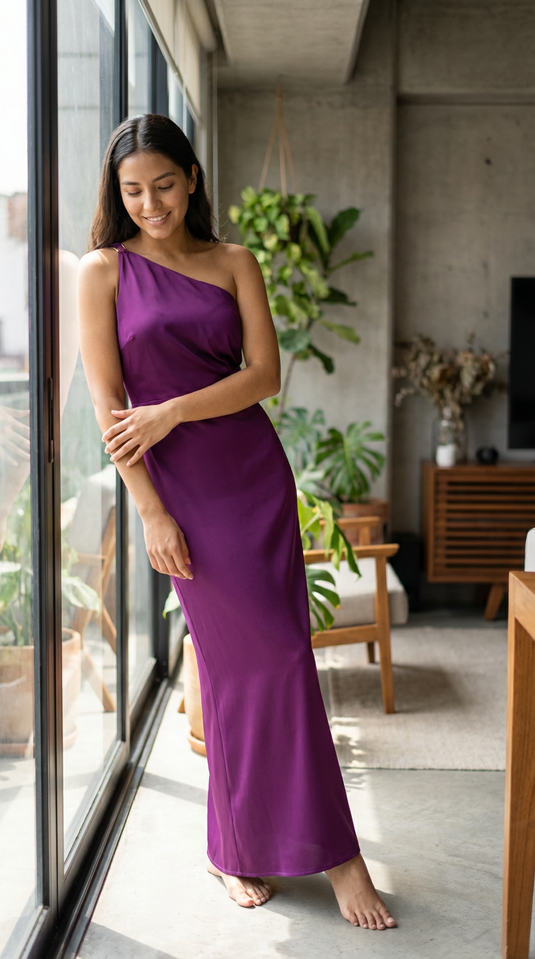 MAYA - Vestido de ceremonia largo morado en satén