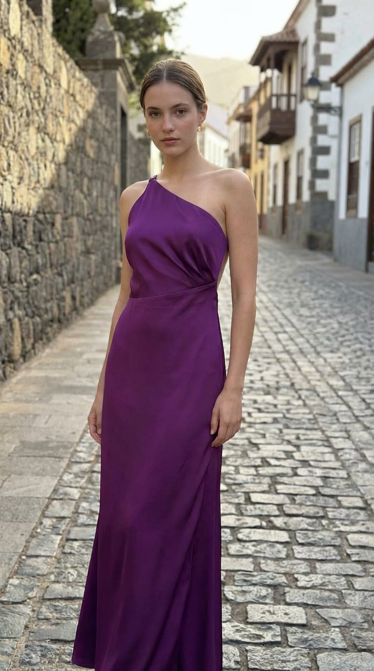 MAYA - Vestido de ceremonia largo morado en satén