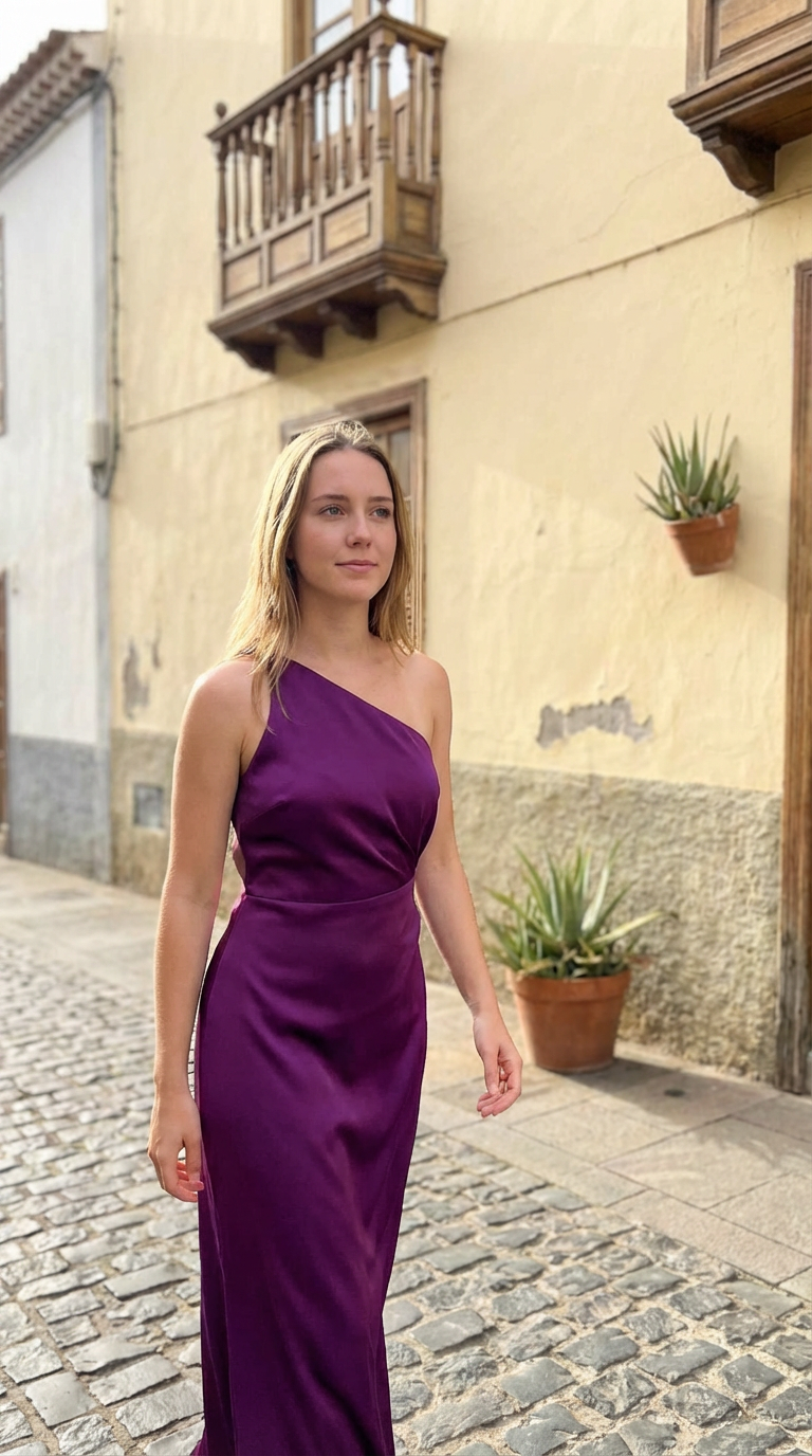 MAYA - Vestido de ceremonia largo morado en satén