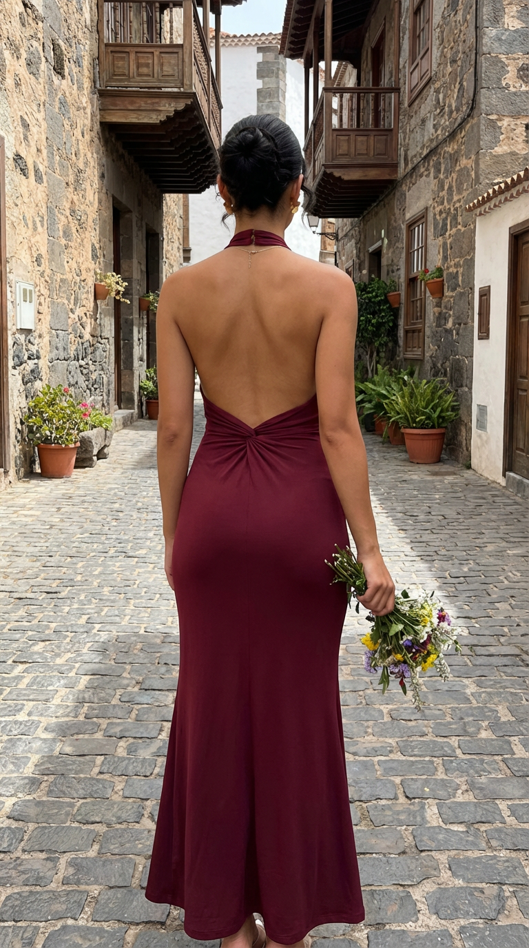 NISA - Vestido de ceremonia lycra largo rojo burdeos