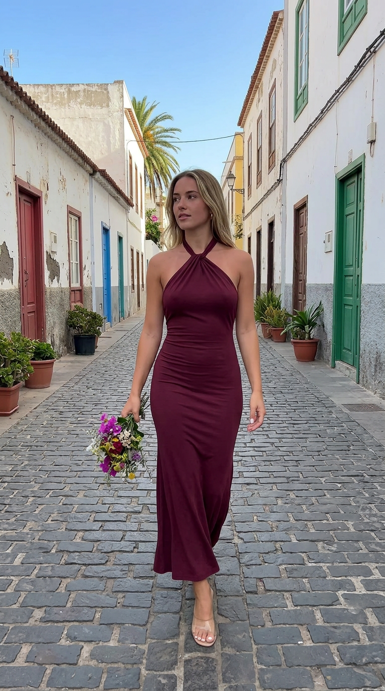 NISA - Vestido de ceremonia lycra largo rojo burdeos