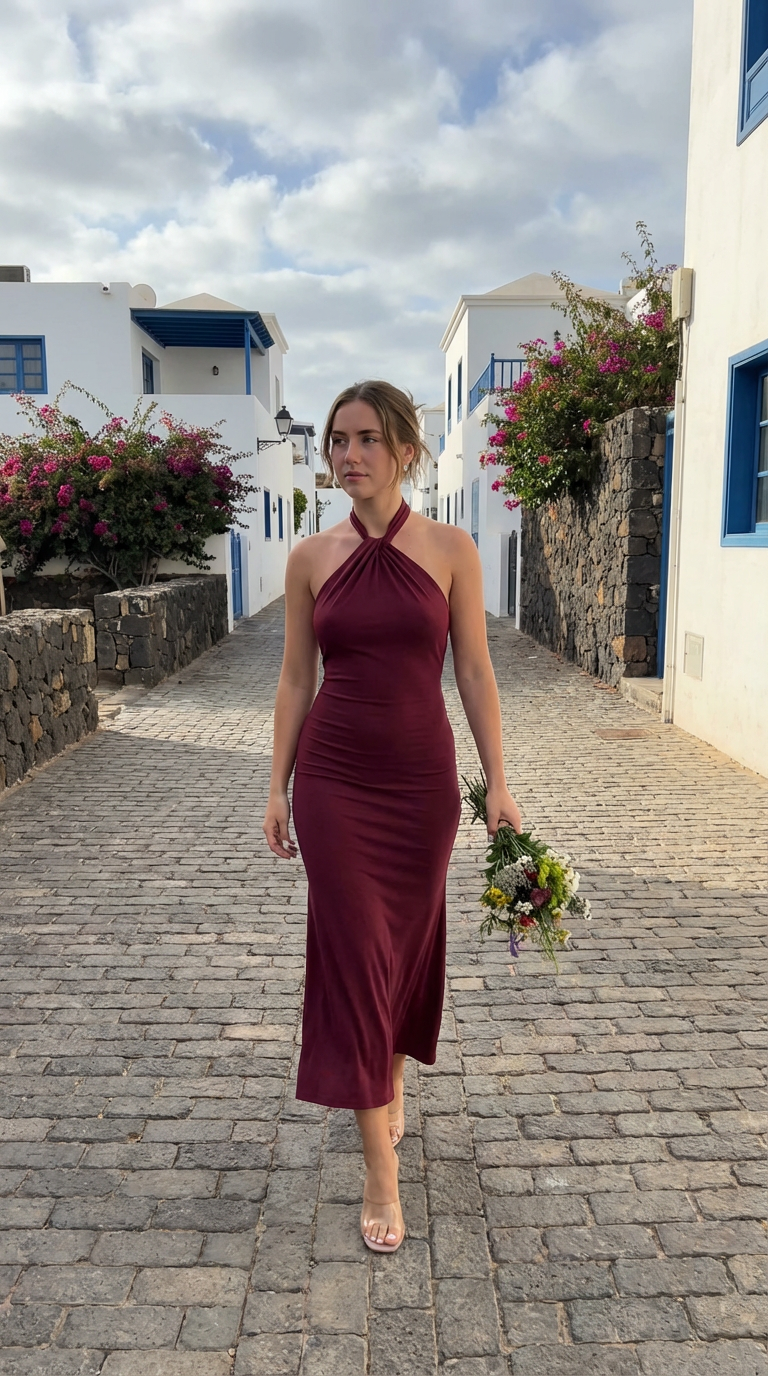 NISA - Vestido de ceremonia lycra largo rojo burdeos
