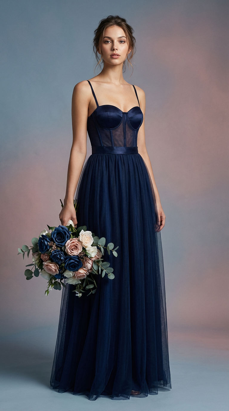 NOCHE - Vestido de ceremonia azul marino en satén y tul