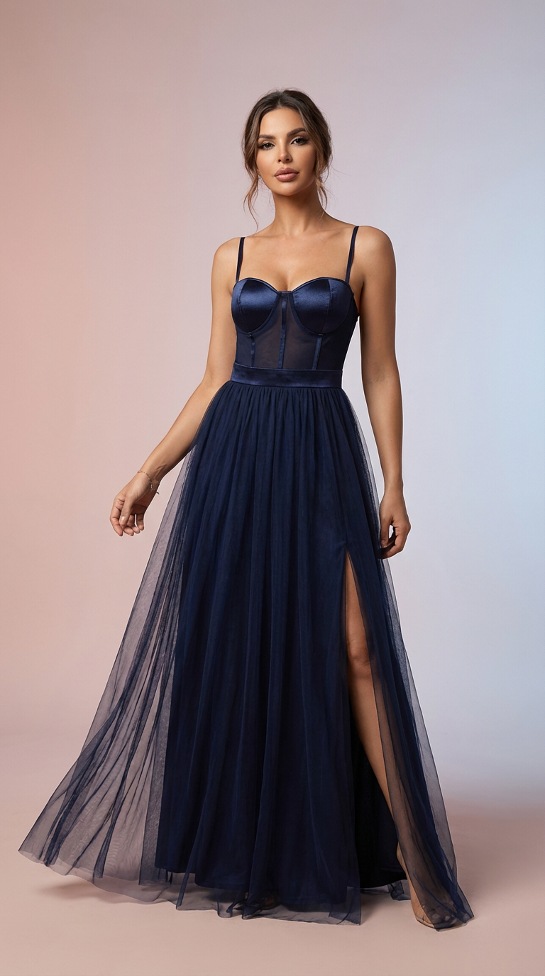 NOCHE - Vestido de ceremonia azul marino en satén y tul